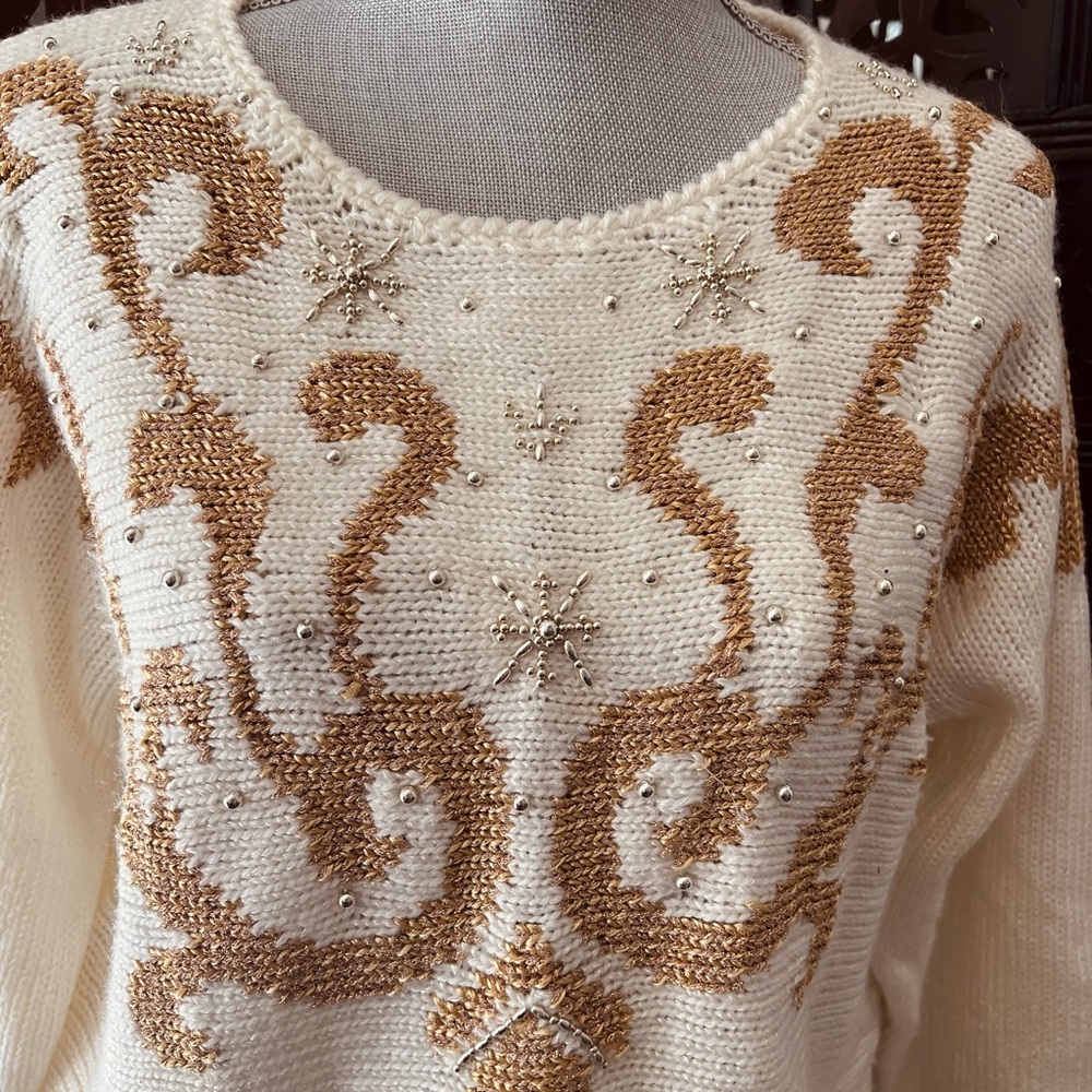 Vintage Jocelyn Smith Beaded Embroidered Sweater Cream Gold Cottagecore Retro - Picture 4 of 9